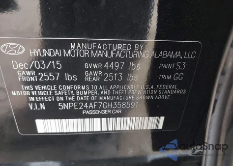 2016 Hyundai Sonata Se from USA, damaged, VIN 5NPE24AF7GH358591